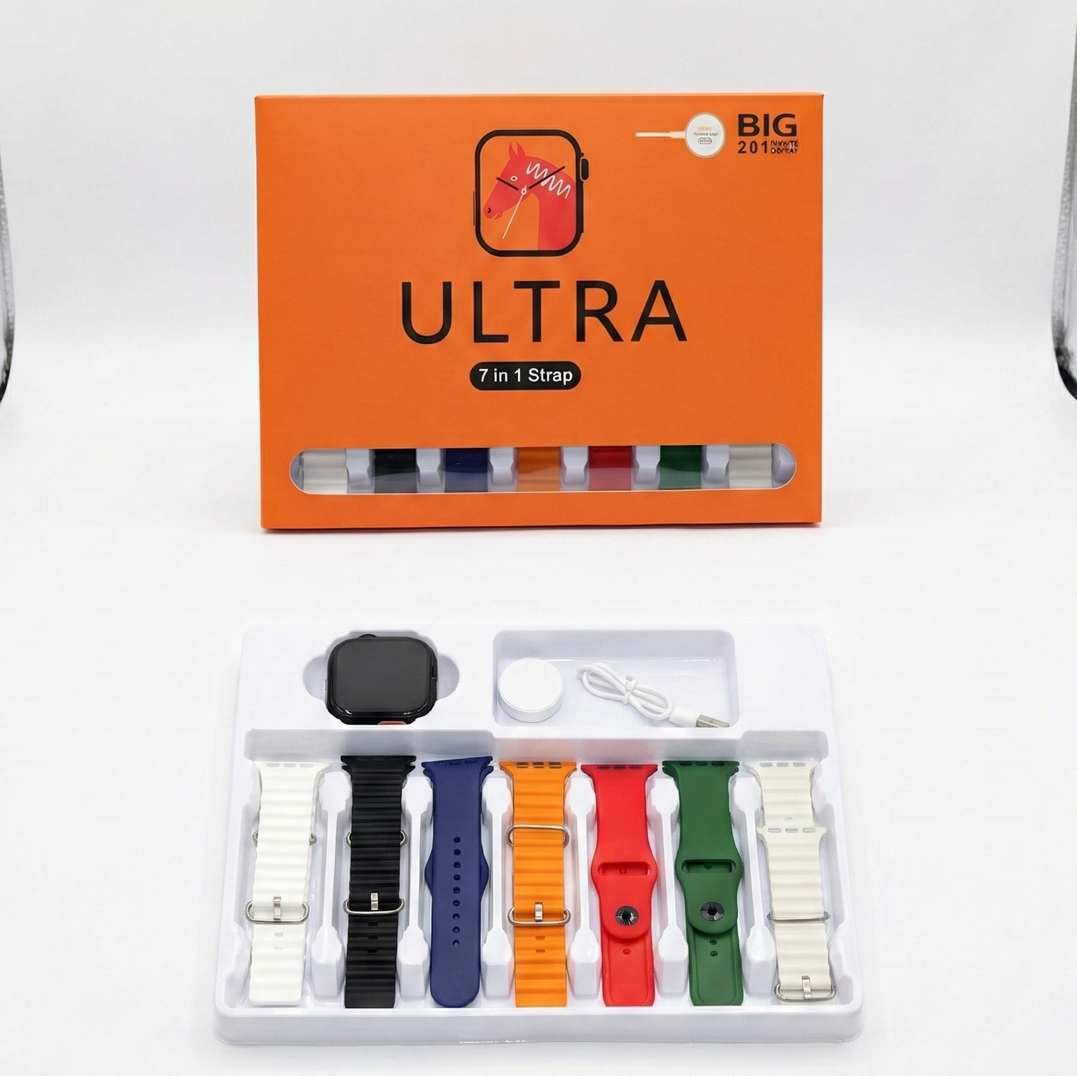 ساعة Ultra الذكية (7 في 1) – بوكس الهدايا المميز مع 7 استيك ألوان مختلفة وشاشة كاملة
