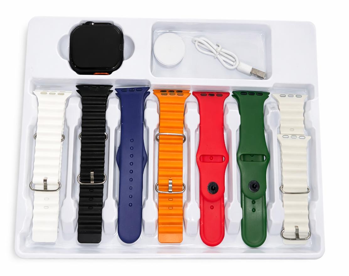 ساعة Ultra الذكية (7 في 1) – بوكس الهدايا المميز مع 7 استيك ألوان مختلفة وشاشة كاملة