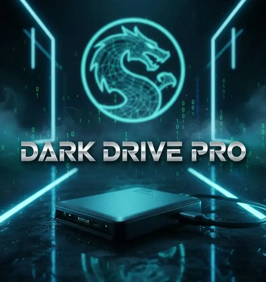 Dark Drive Pro external hard drive with futuristic neon cyan lighting and dragon logo.