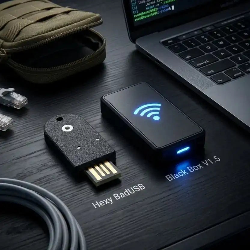 Hexy BadUSB device and Black Box V1.5 wireless hardware pentesting tools on a desk.