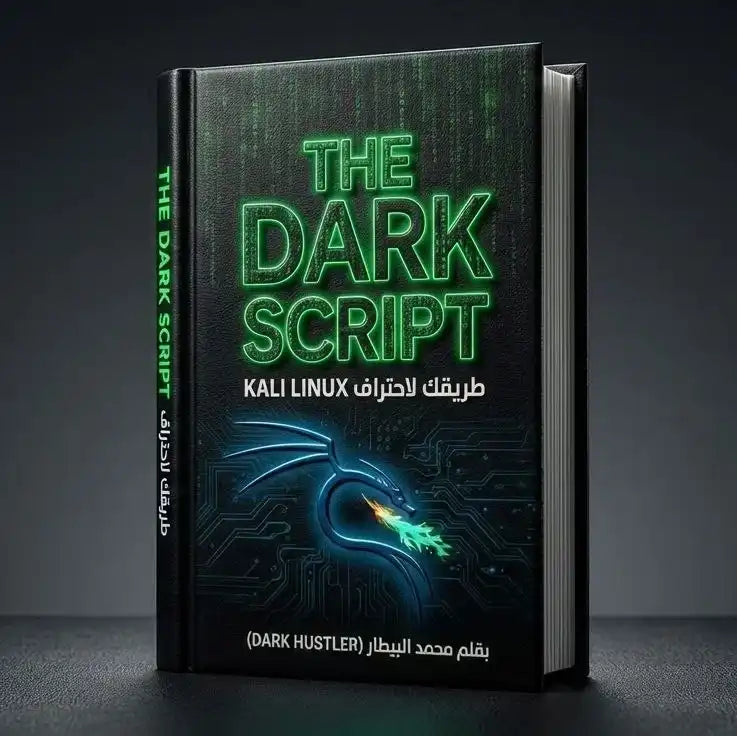 The Dark Script book cover featuring Kali Linux cybersecurity training guide with green neon text.